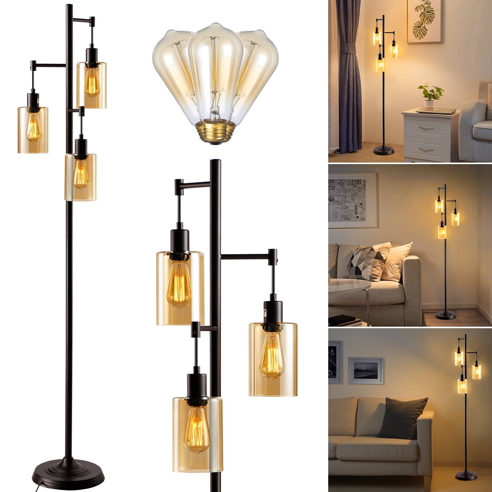 LEONLITE 3-Head Hanging Amber Glass Color Shade Bulbs Included Farmhouse Floor Lamp