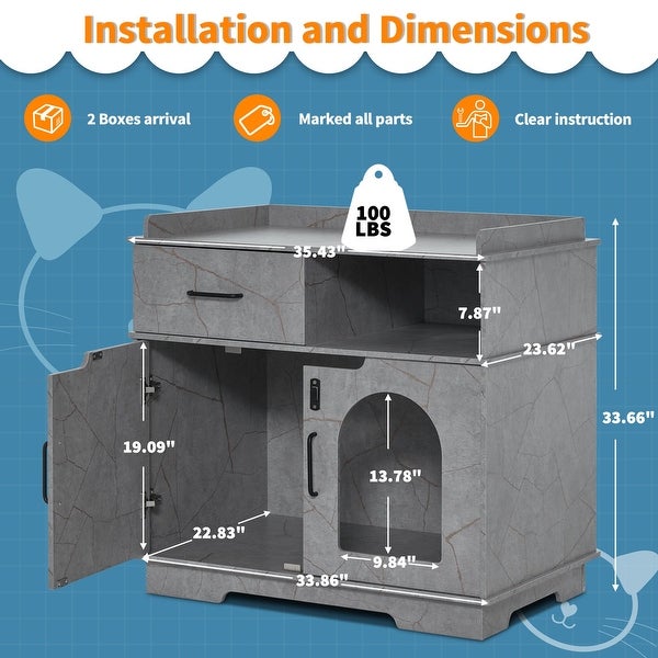 MCombo Cat Litter Box Furniture Hidden with Drawer， Wooden Hideaway Extra Large Cat House， XL Cat Washroom Storage Bench CT46