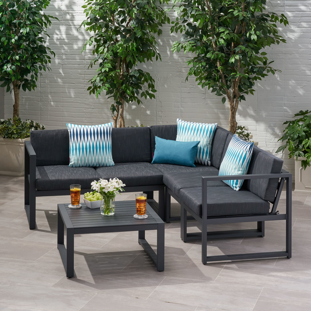 Nealie Outdoor Aluminum V Shaped 5 Seater Sectional Sofa Set With Cushions   Transitional   Outdoor Lounge Sets   by GDFStudio  Houzz