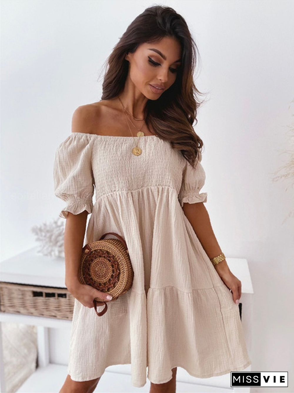 Summer Women Casual Dress Slash Collar Off Shoulder Dress Plus Size Mini Women Dress