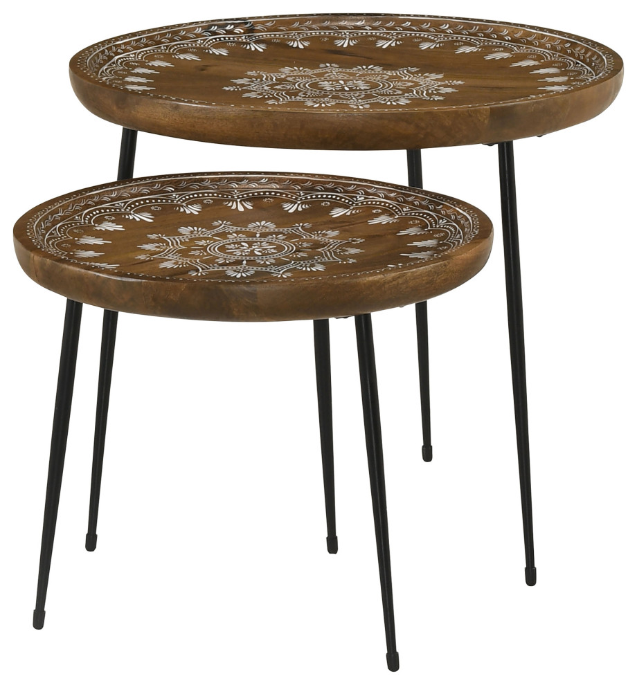 Nuala 2 piece Round Nesting Table With Tripod Tapered Legs Honey and Black   Modern   Coffee Table Sets   by Modon  Houzz