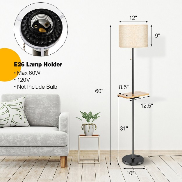 Tangkula 3 in 1 Modern Floor Lamp With Tray Table Linen Fabric Shade amp Rubber Wood Tray Table Include Dual Usb Charging Ports