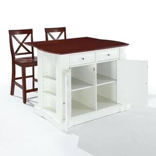 CROSLEY FURNITURE Coventry White Drop Leaf Kitchen Cart with X-Back Stools KF300073WH