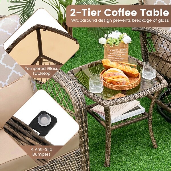 3 Pieces Outdoor Wicker Conversation Set with Tempered Glass Coffee Table-Beige - N/A - Overstock - 37797552