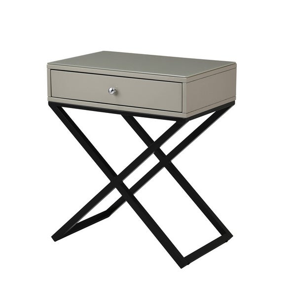 Wooden End Side Table with Glass Top Drawer and Metal Cross Base