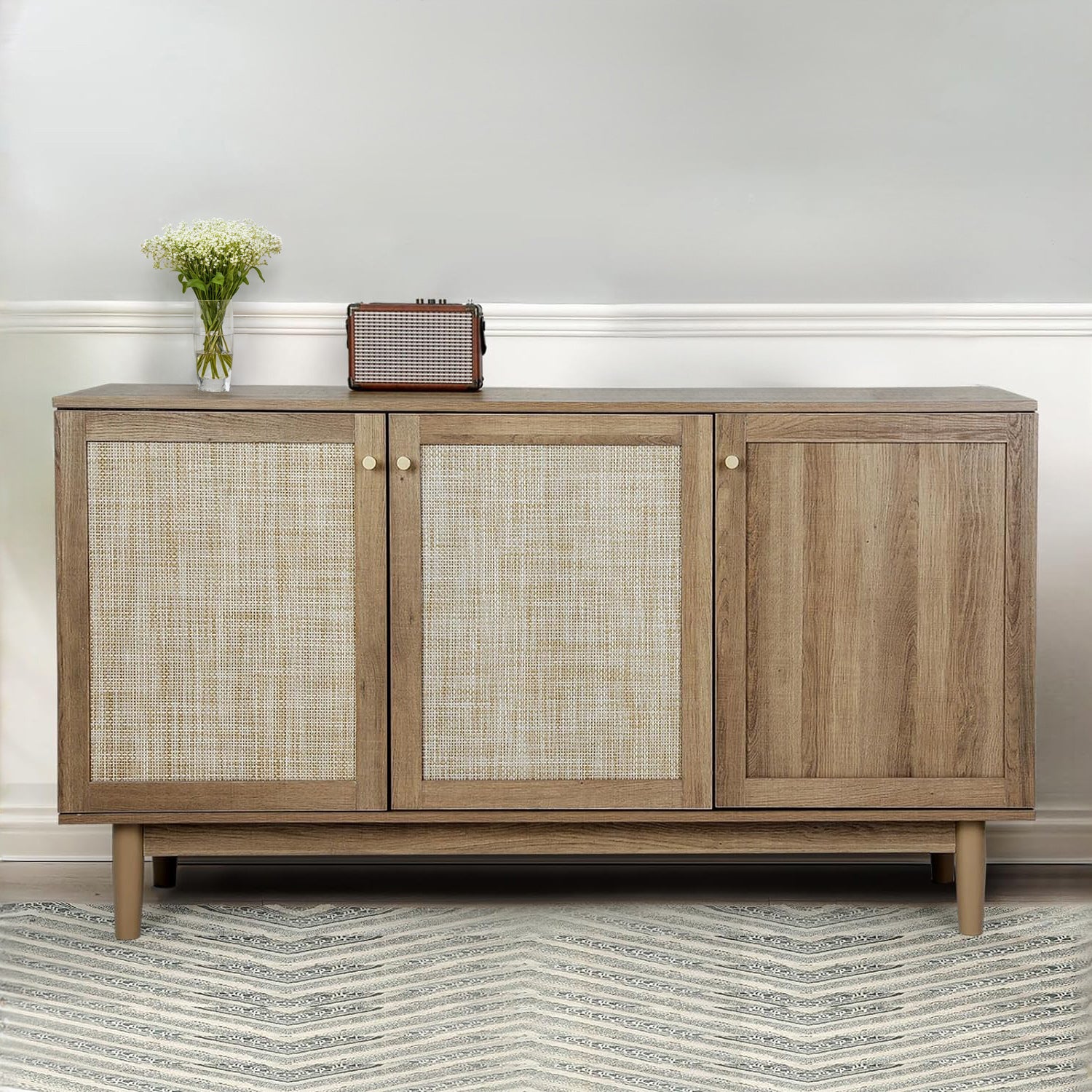 Storage Cabinet with Rattan Decorative Doors, Sideboard Cabinet with 3 Doors