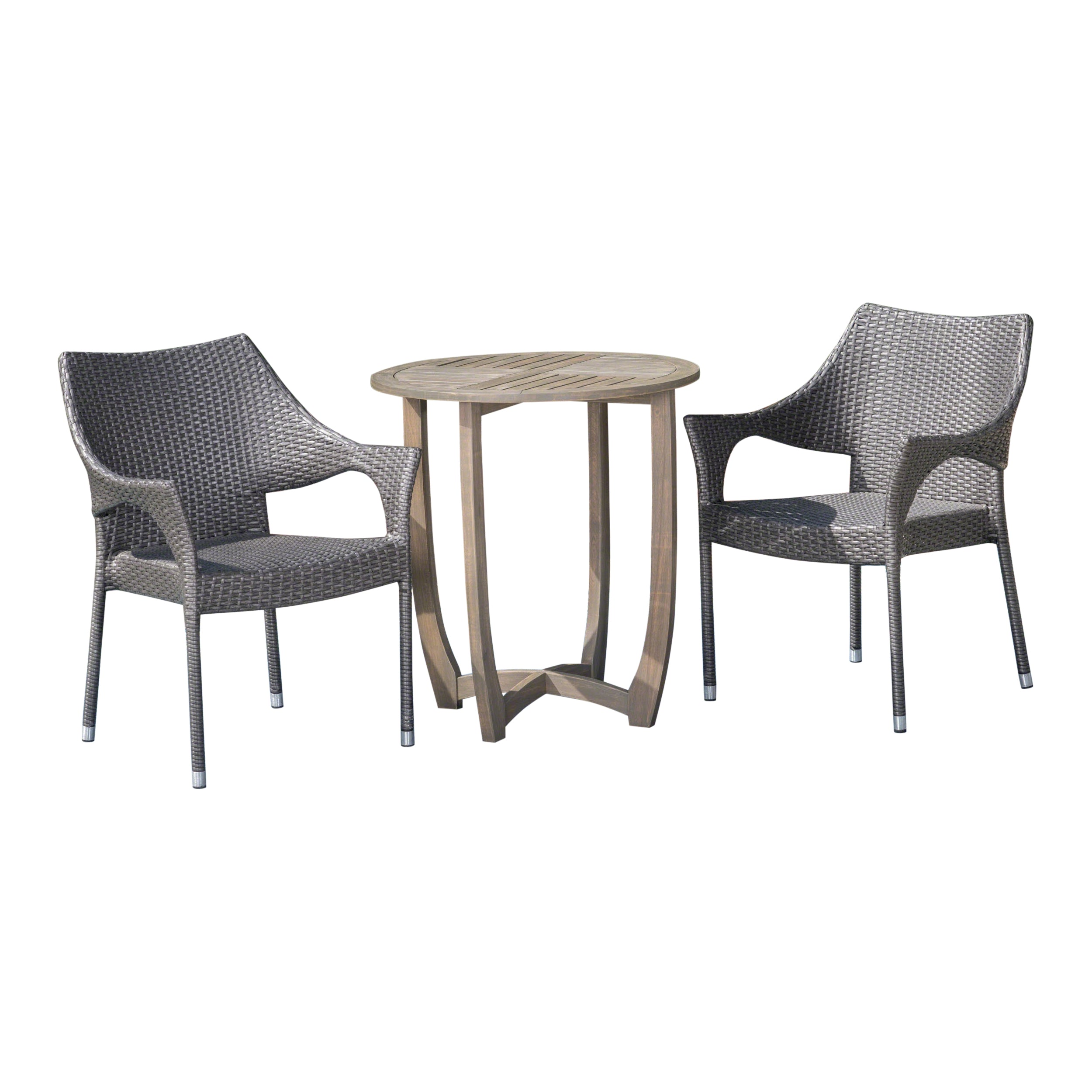 Mann Outdoor 3 Piece Wood and Wicker Bistro Set, Gray and Gray