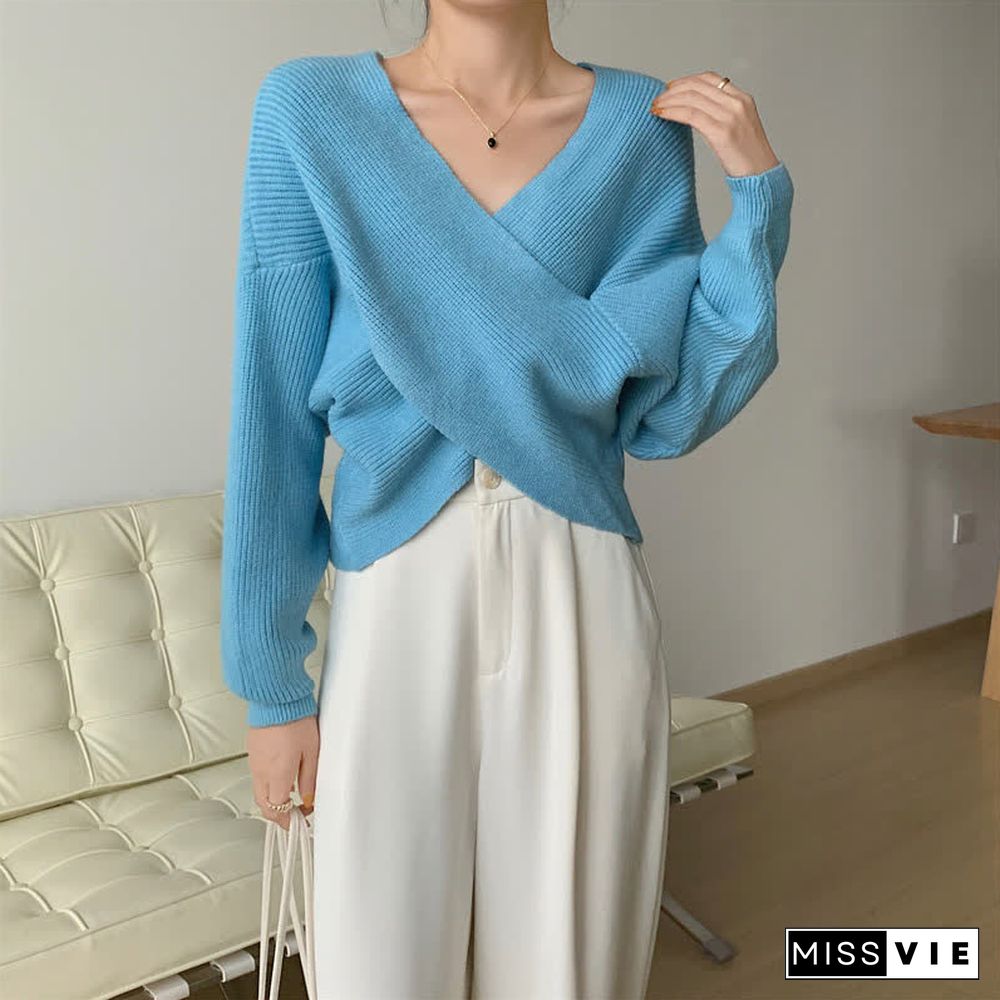 Chic Cross Knit Crop Sweater Casual Suit Pants