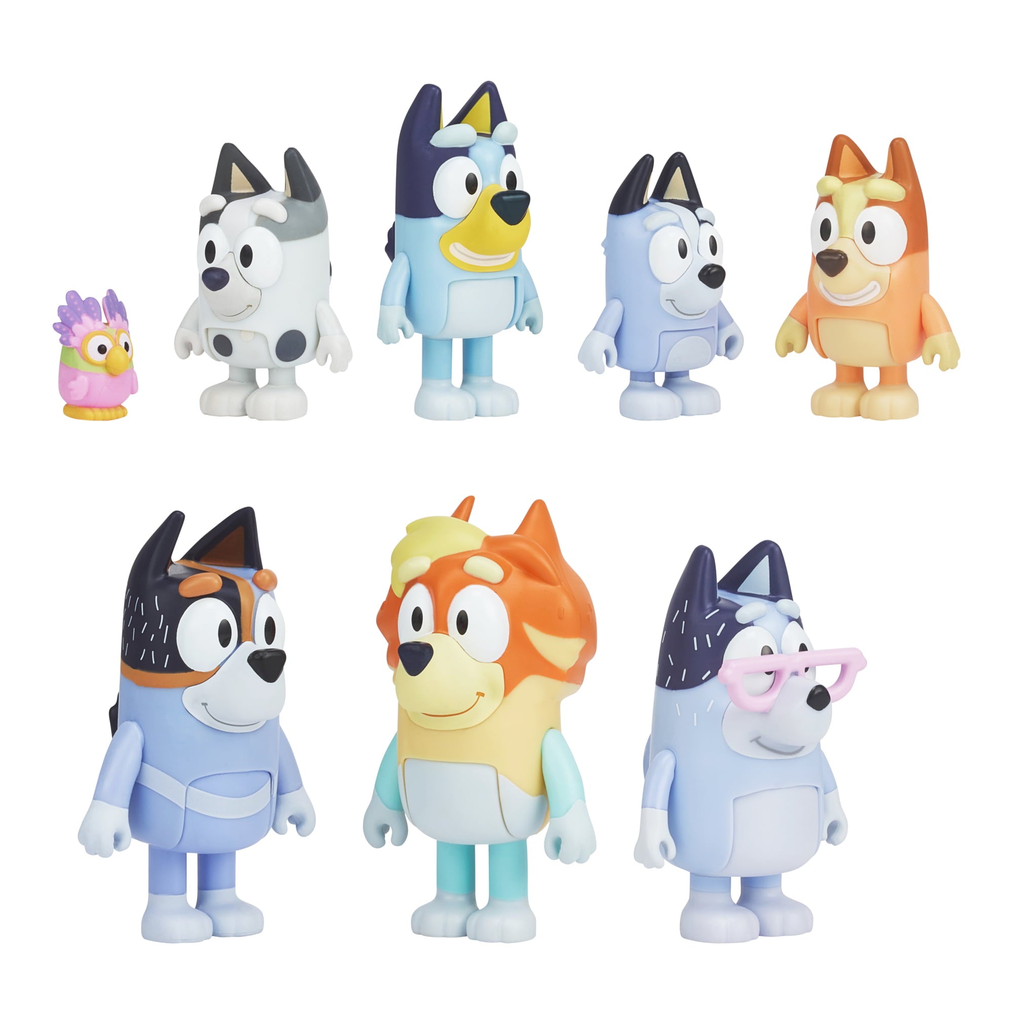 Bluey， Extended Heeler Family Pack， 2.5-3 inch Figures， Bluey， Bingo， Socks， Muffin， Uncle Stripe， Uncle Rad， Nana and Chattermax， Preschool， Toys for Kids， Ages 3+