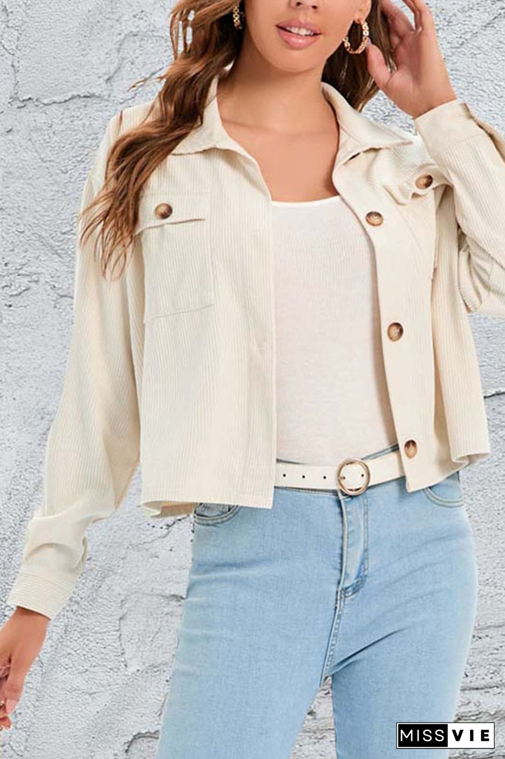 Plain Pockets Button Corduroy Crop Jacket