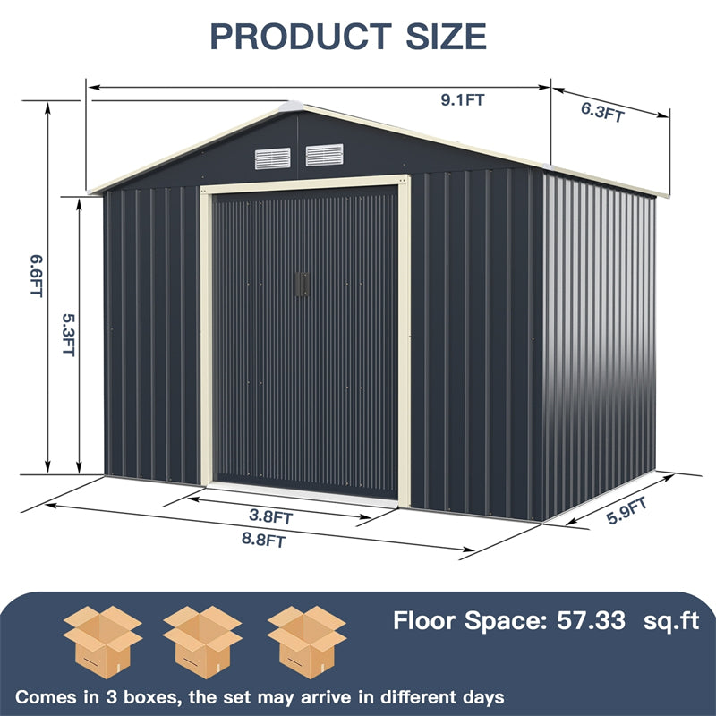 9 x 6 FT Outdoor Metal Storage Shed with 4 Air Vents & Sliding Double Lockable Doors, Backyard Tool Shed Garden Storage House