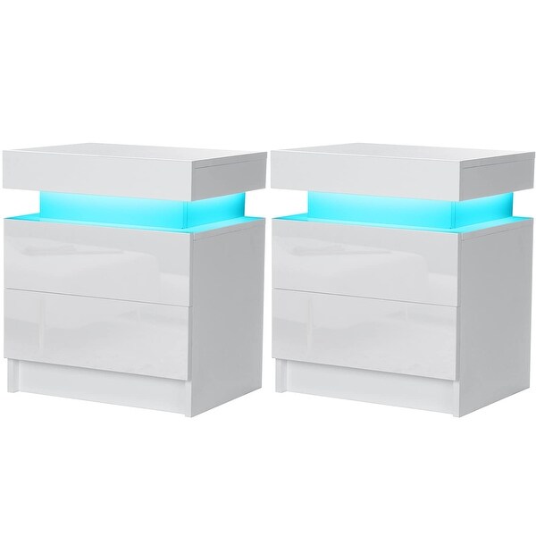 HOMMPA LED Nightstand Set of 2 White Nightstand with LED Light Modern LED Night Stand Set Matte Bedside Table - - 37637542