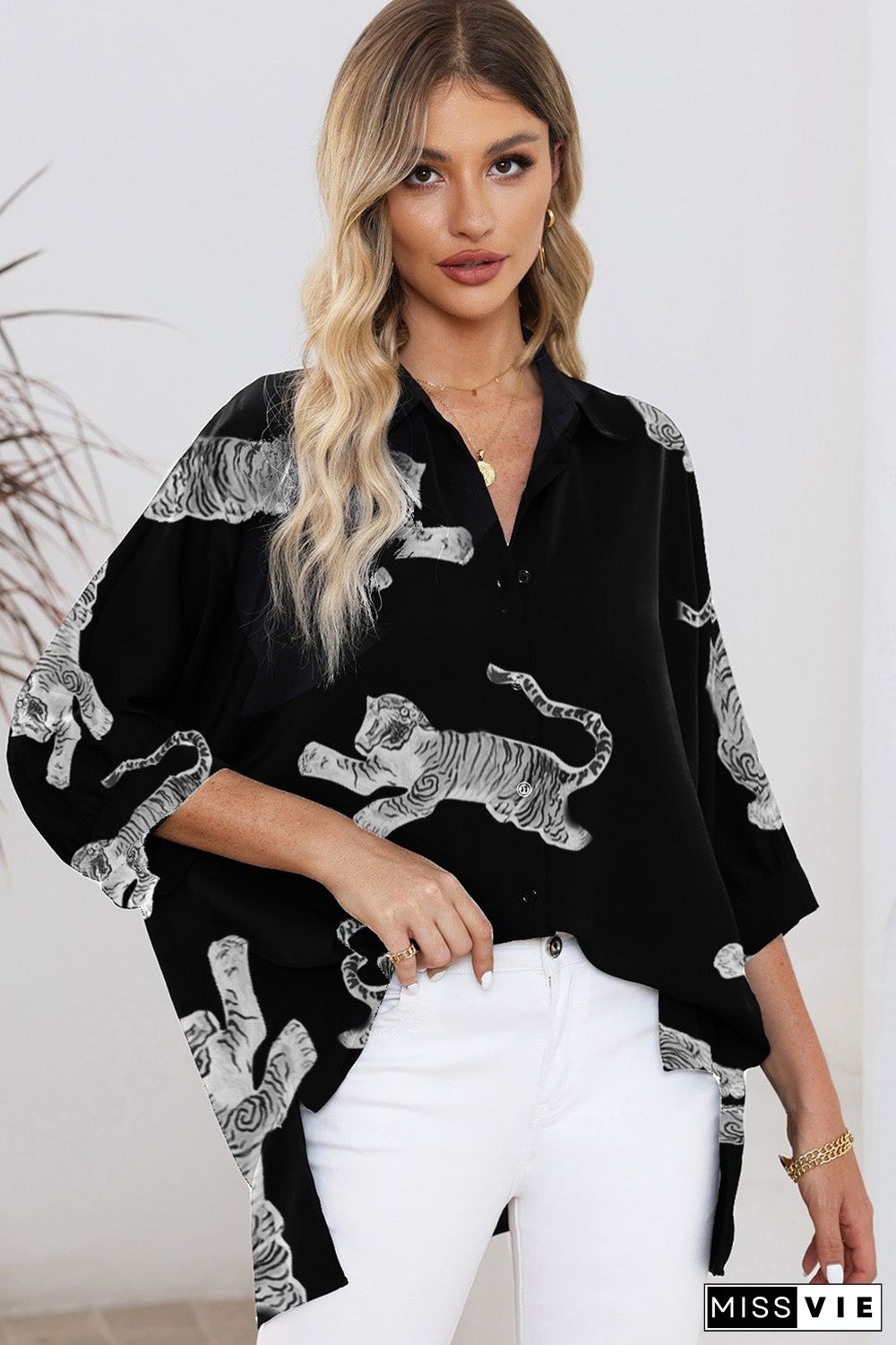 Black Tiger Print 3/4 Sleeve Oversized Shirt