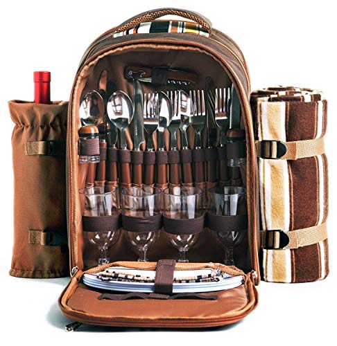 Picnic Backpack w/ Cooler Compartment Wine Holder Blanket Plates Utensils Cups