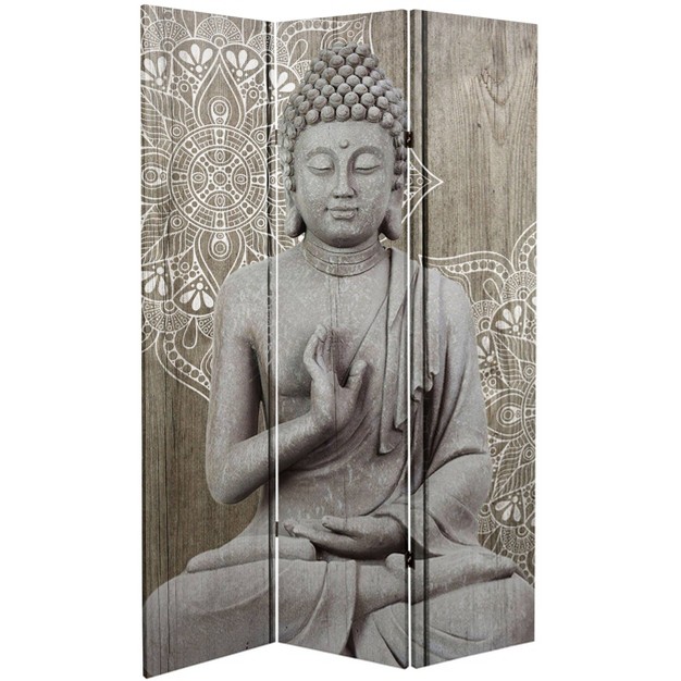 Double Sided Stone Buddha Canvas Room Divider Gray Oriental Furniture