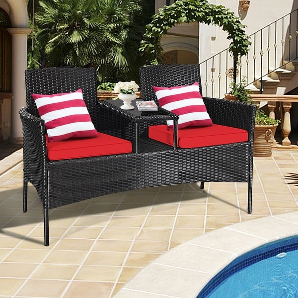 Gymax Rattan Wicker Patio Conversation Set w/ Table Red Cushion