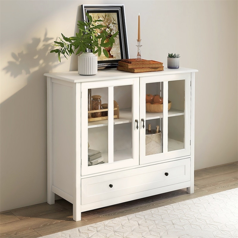 Wood Dining Buffet Storage Cabinet Double Doors Bell Handle White