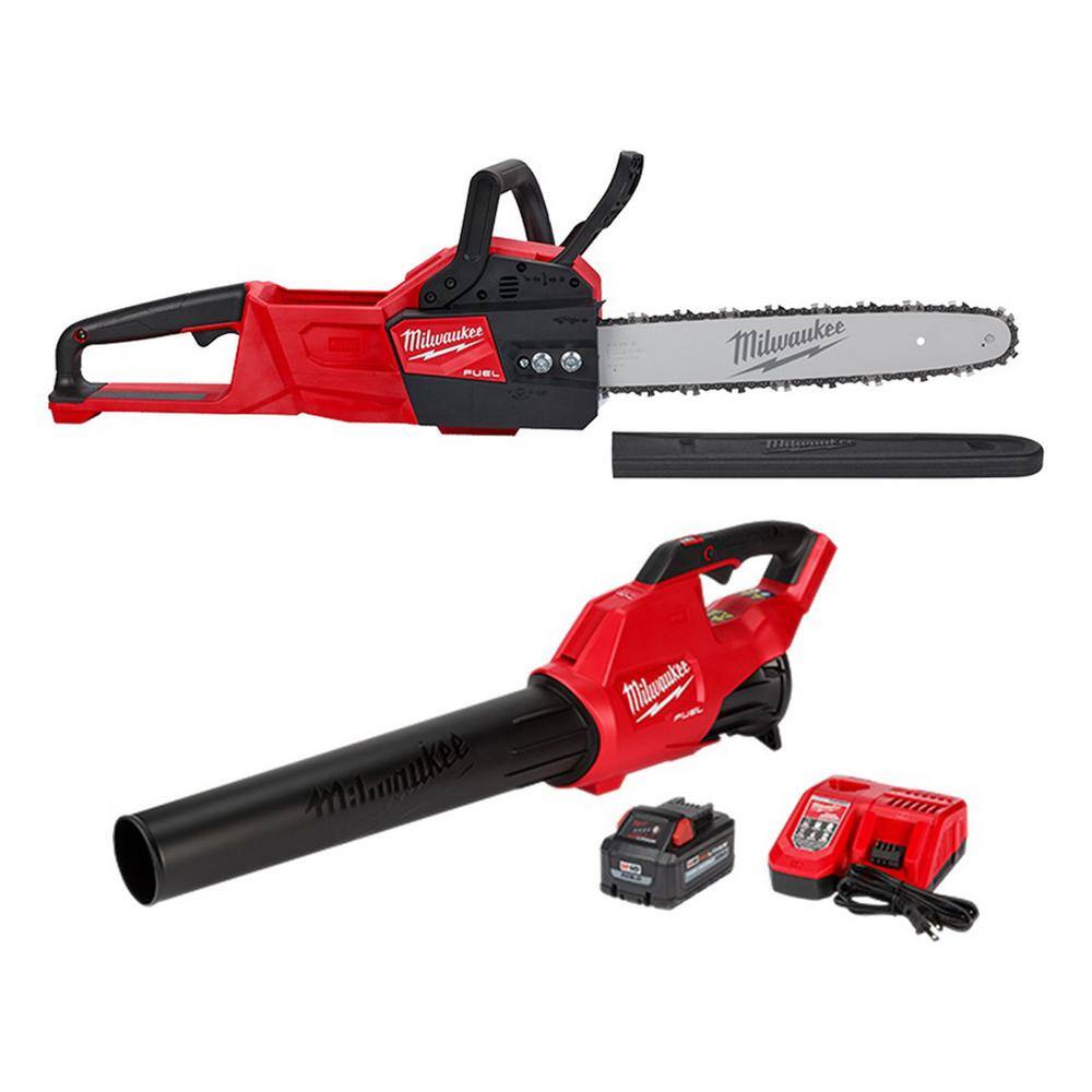 MW M18 FUEL 14 in. 18-Volt Lithium-Ion Electric Battery Chainsaw M18 FUEL Blower 8AH  Combo Kit (2-Tool) 2727-20C-2724-21HD