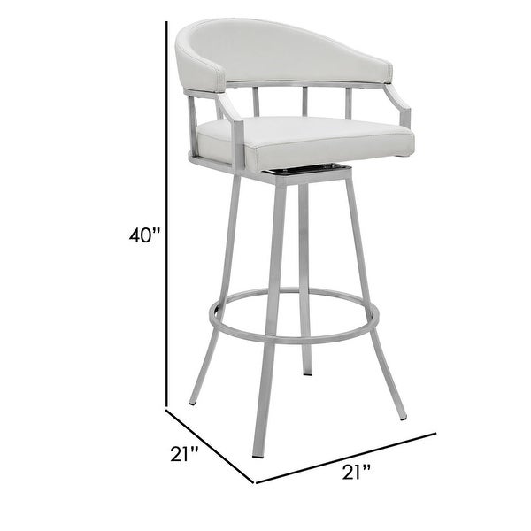 Myla 30 Inch Swivel Barstool， Slatted Back， Curved Slope Arms， Steel， White - 21L x 21W x 40H