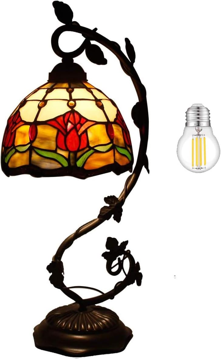 GEDUBIUBOO Tiffany Lamp Red Stained Glass Tulip Table Lamp  Metal Leaf Base 8X10X21 Inches Reading Desk Light Decor Small Space Bedroom  Office S030 Series