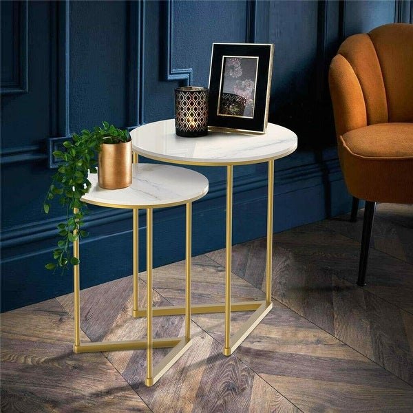 2 Pieces Modern Faux Marble Round Coffee Nesting Table Storage Shelf