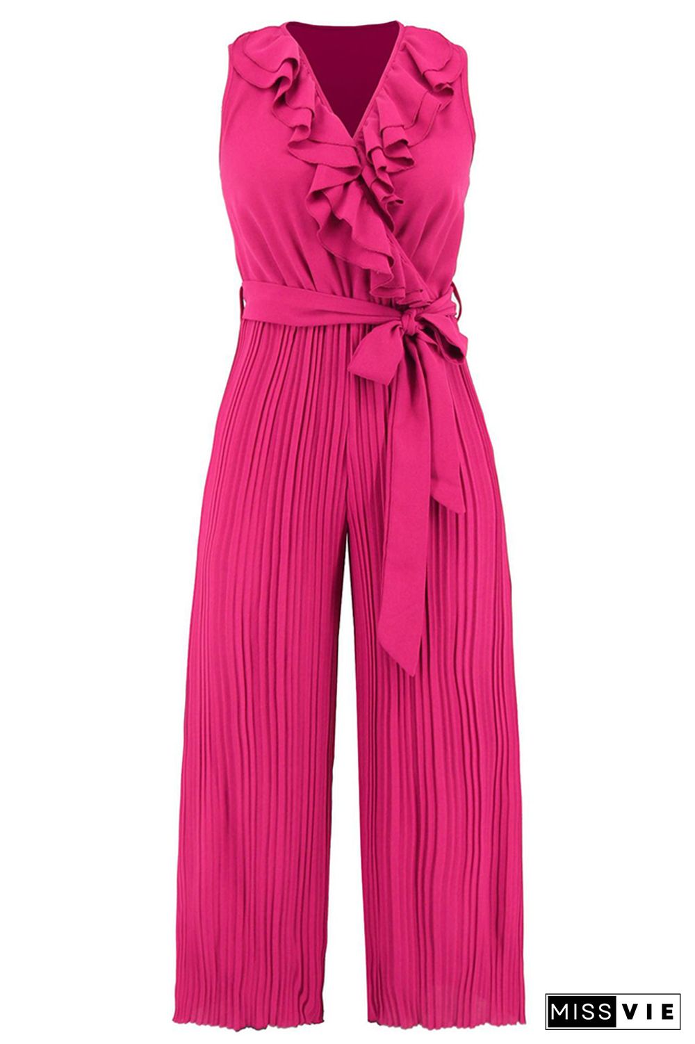 V Neck Ruffles Pleated Sleeveless Jumpsuit