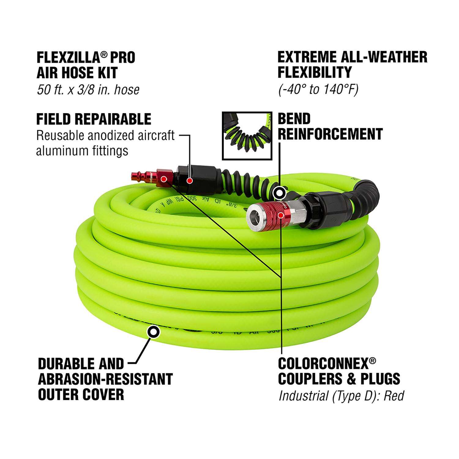 Flexzilla Pro 50 ft. L X 3/8 in. D Hybrid Polymer Air Hose Kit 300 psi Zilla Green