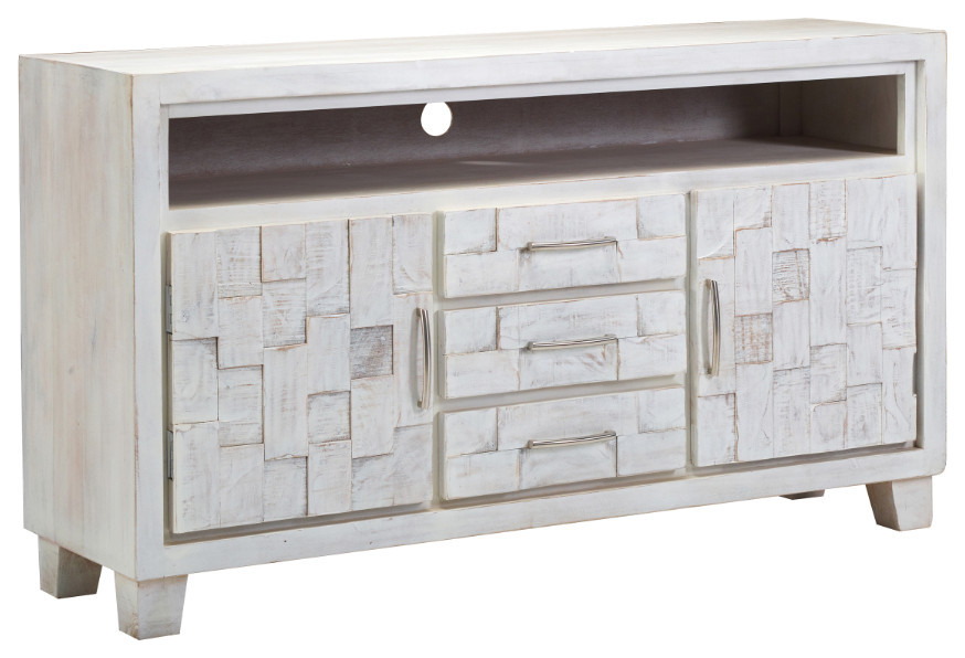 64 quotMosaic White TV Stand Cabinet with 3 Drawers  Hand Carved   Farmhouse   Entertainment Centers And Tv Stands   by Sideboards and Things  Houzz