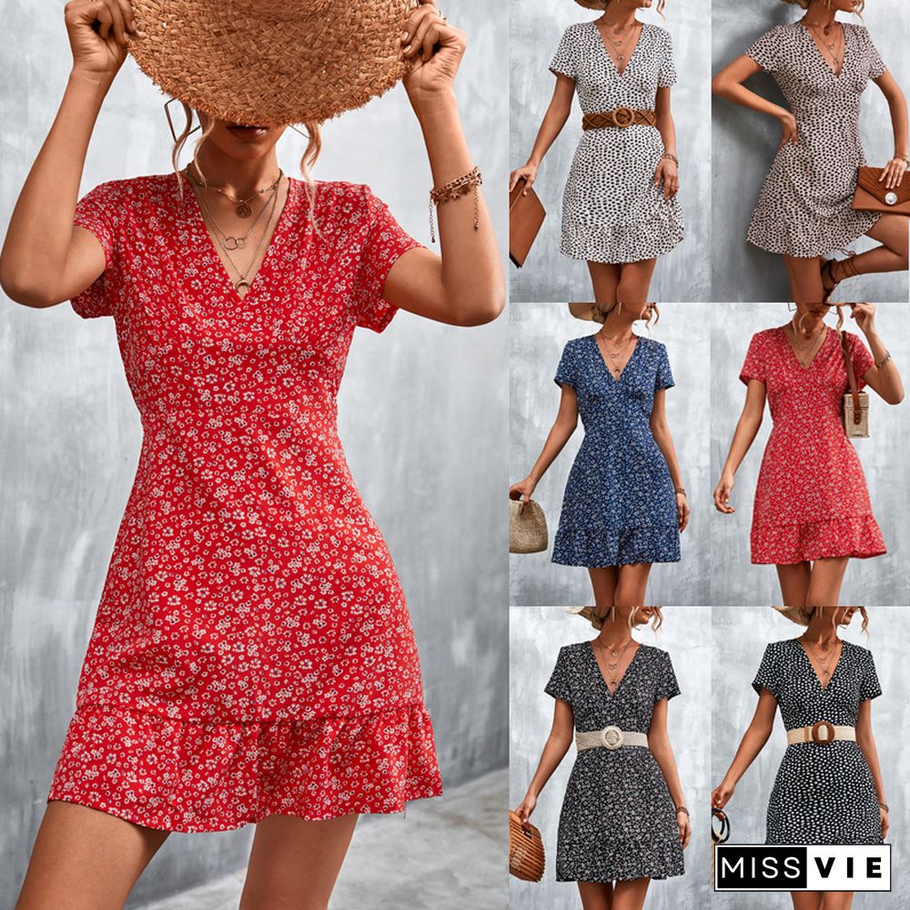 Summer Beach Red Dress For Women V-neck Print Floral Dots Stitching Ruffles Mini Dress Female Short-sleeved Sexy Boho Sundress