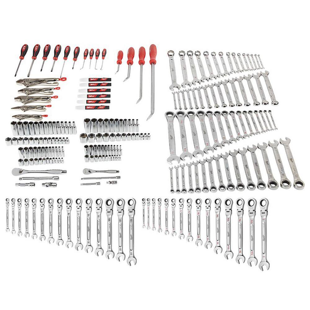 MW Mechanics Tool Set with SAE and Metric 144-Position Flex-Head Ratcheting Combination Wrenches (221-Piece) 48-22-9489-48-22-9513-48-22-9413