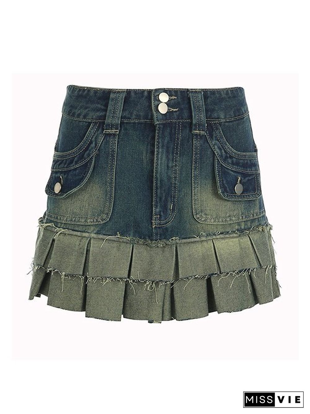 High Waist Colorblock Pleated Denim Mini Skirts