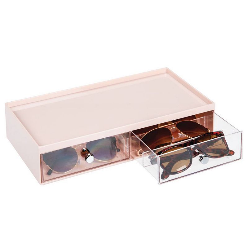 mDesign Wide Plastic Stackable Glasses Organizer Box with 2 Drawers， White/Clear