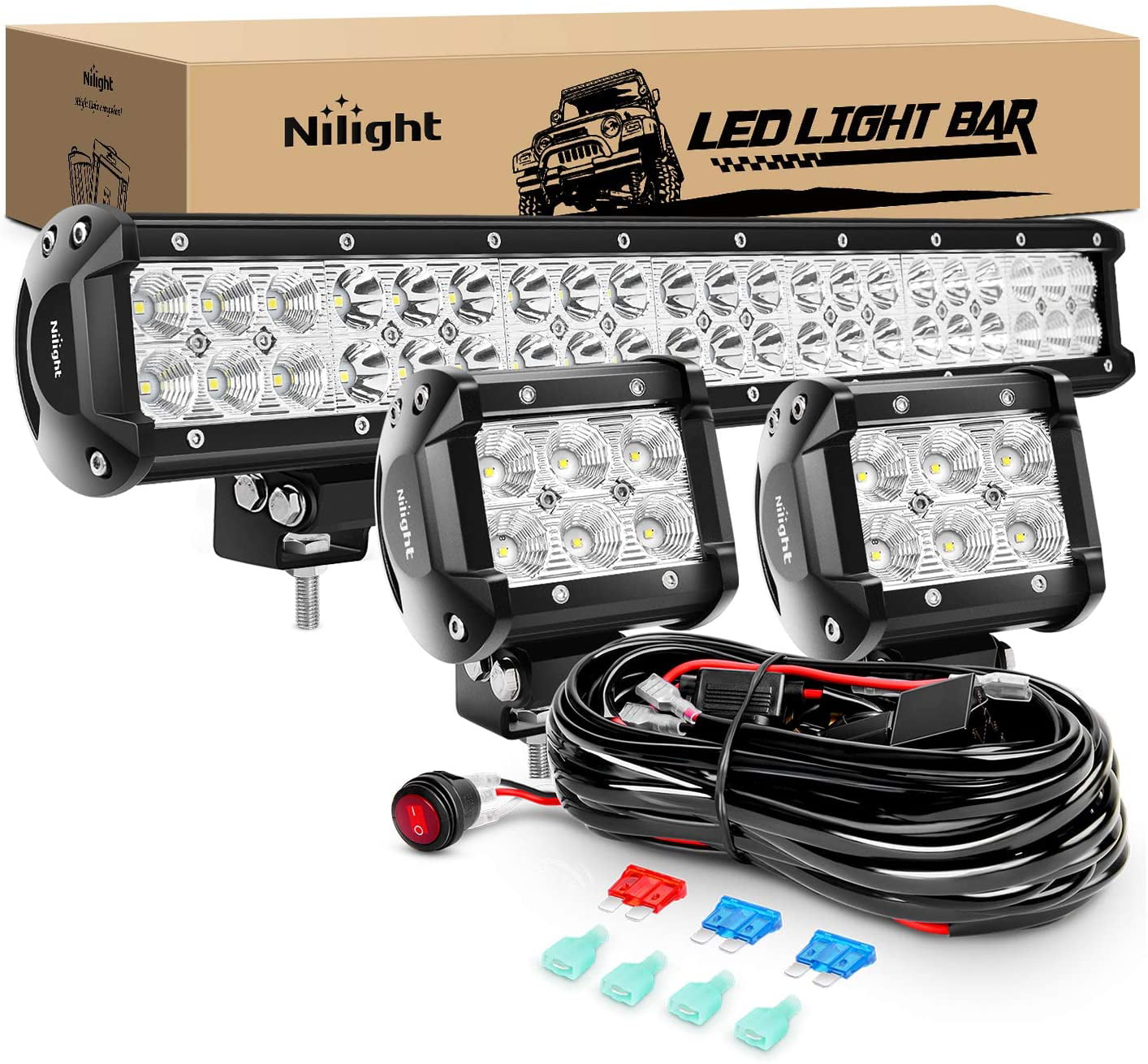 Nilight 20Inch 126W LED Light Bar Dual Row Spot Flood Combo + 2pcs 18W 4INCH With 16AWG Wiring Harness Kit-2 Lead for Ford Jeep Toyato GMC ATV SUVE Boats