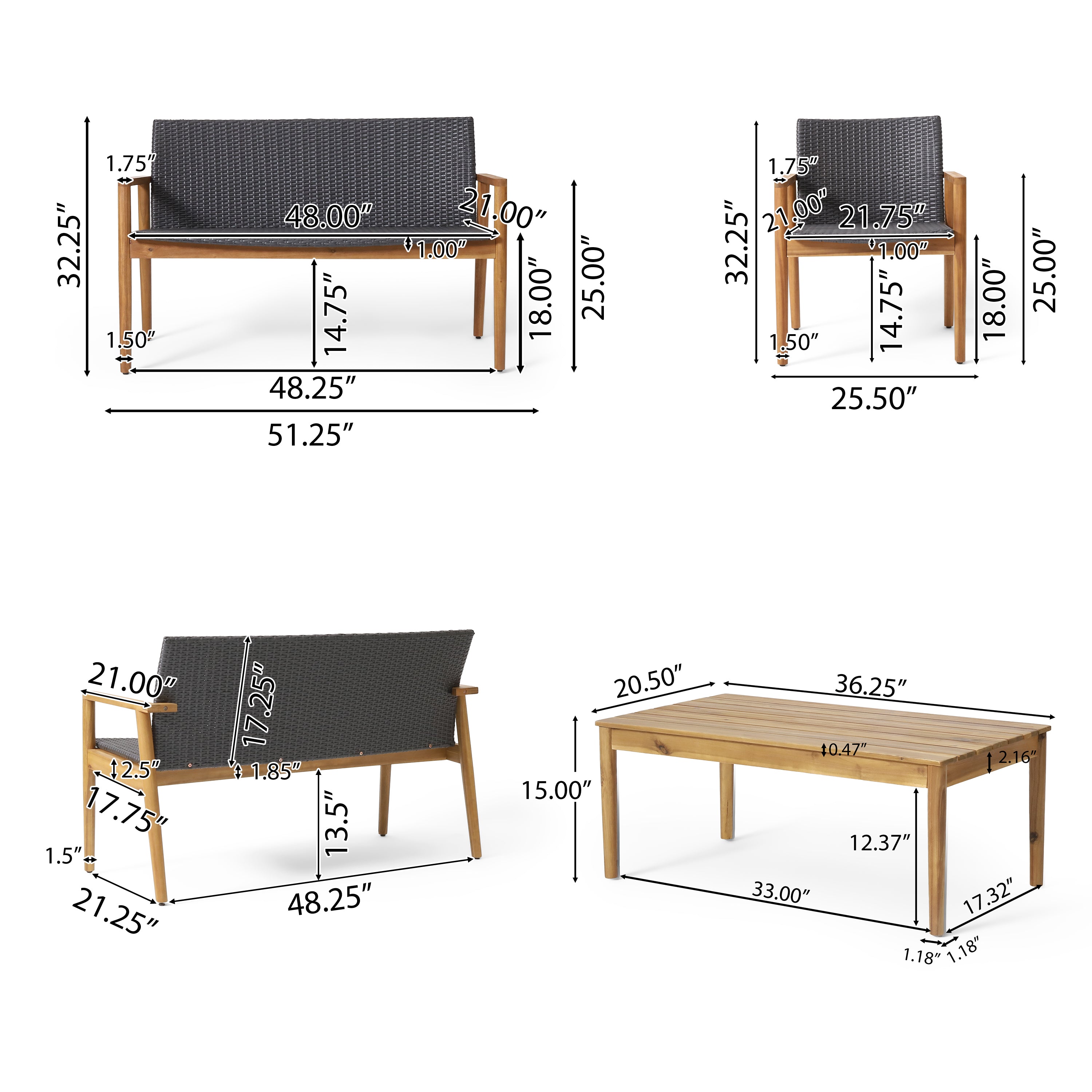 Alamosa Outdoor Wicker and Acacia Wood 4 Seater Chat , Gray and Teak