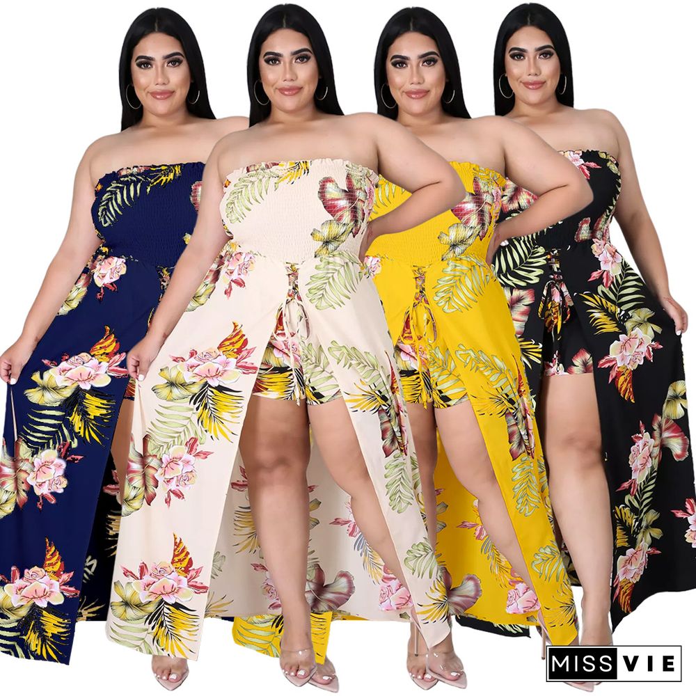 Summer Plus Size Women Clothing Floral Print Elastic Waist Beach Casual One Piece Split Jumpsuit