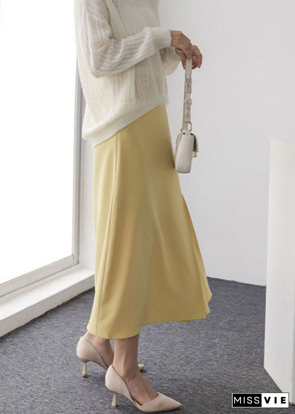 Yellow Front Open Cotton Maxi Skirt Wrinkled Spring