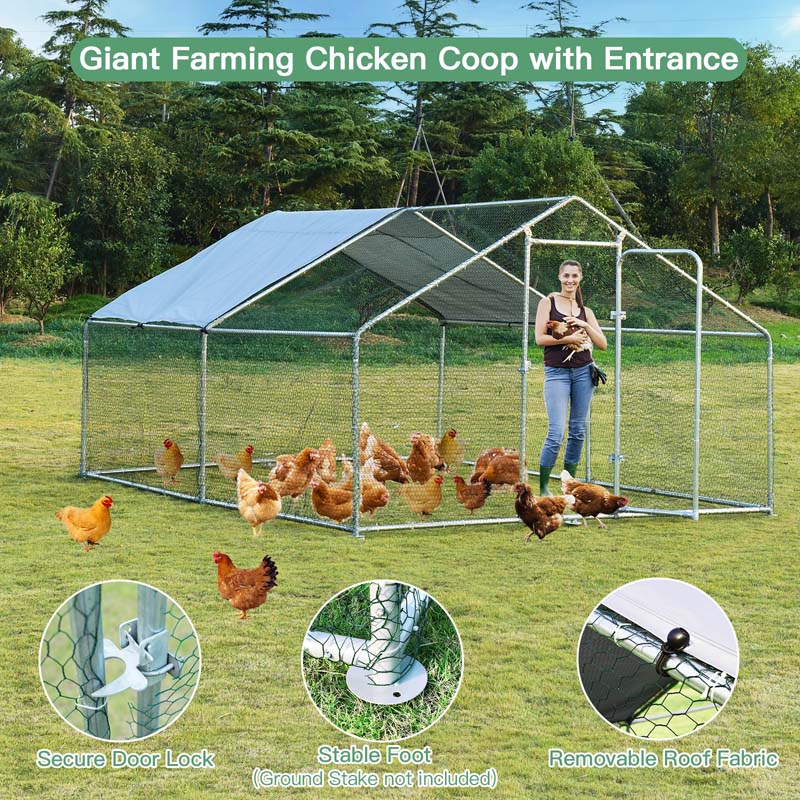 10' x 13' x 6.5' Galvanized Metal Large Walk-in Chicken Coop Cage Runs Hen House with Cover & Lockable Door