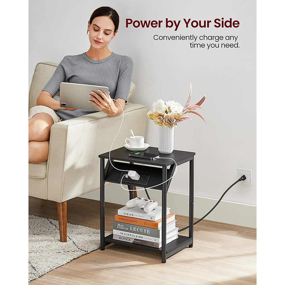 Side Tables With Charging Station, Set Of 2 End Tables With Usb Ports And Outlets, Nightstands For Living Room, Bedroom, Plug-In Series, Black Ulet372B16