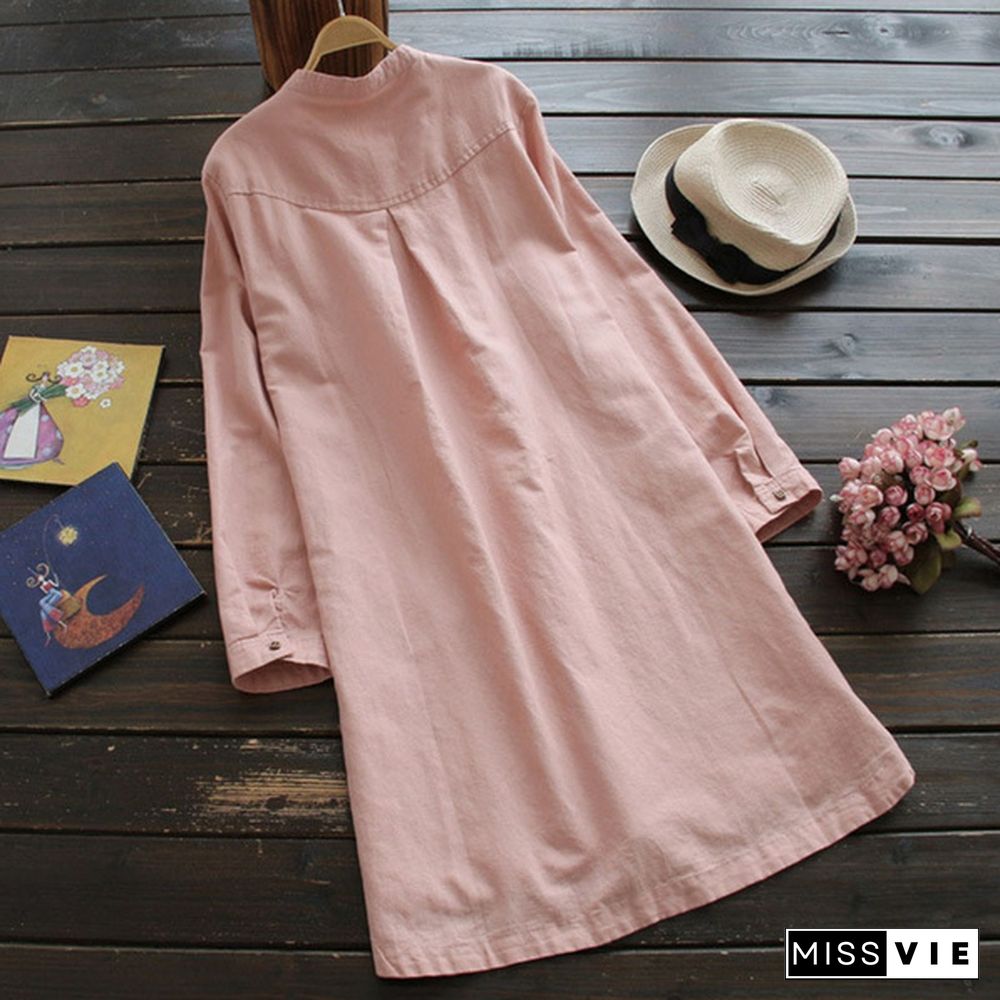 Women Long Sleeve Buttons Neck Long Shirt Dress Mini Dress Tops Mini Robe Plus