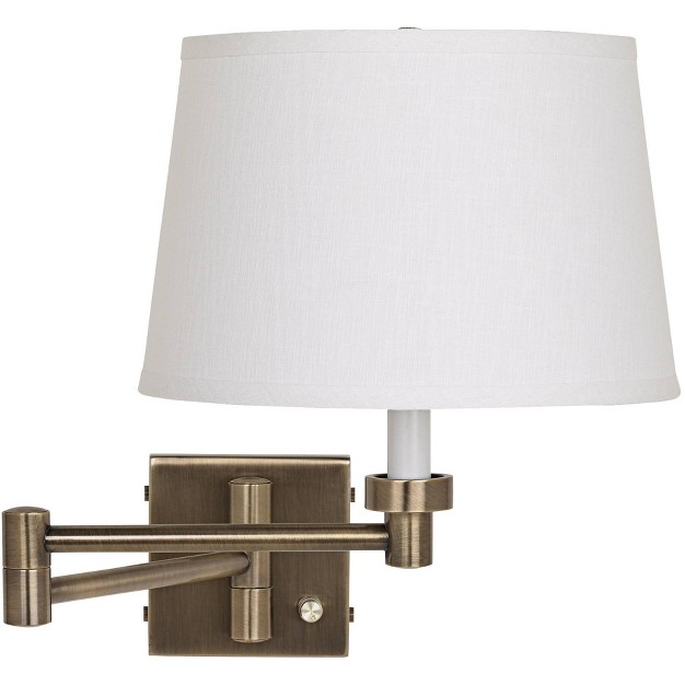 Barnes And Ivy Modern Swing Arm Wall Lamp Antique Brass Plug in Light Fixture White Linen Drum Shade For Bedroom Bedside Reading