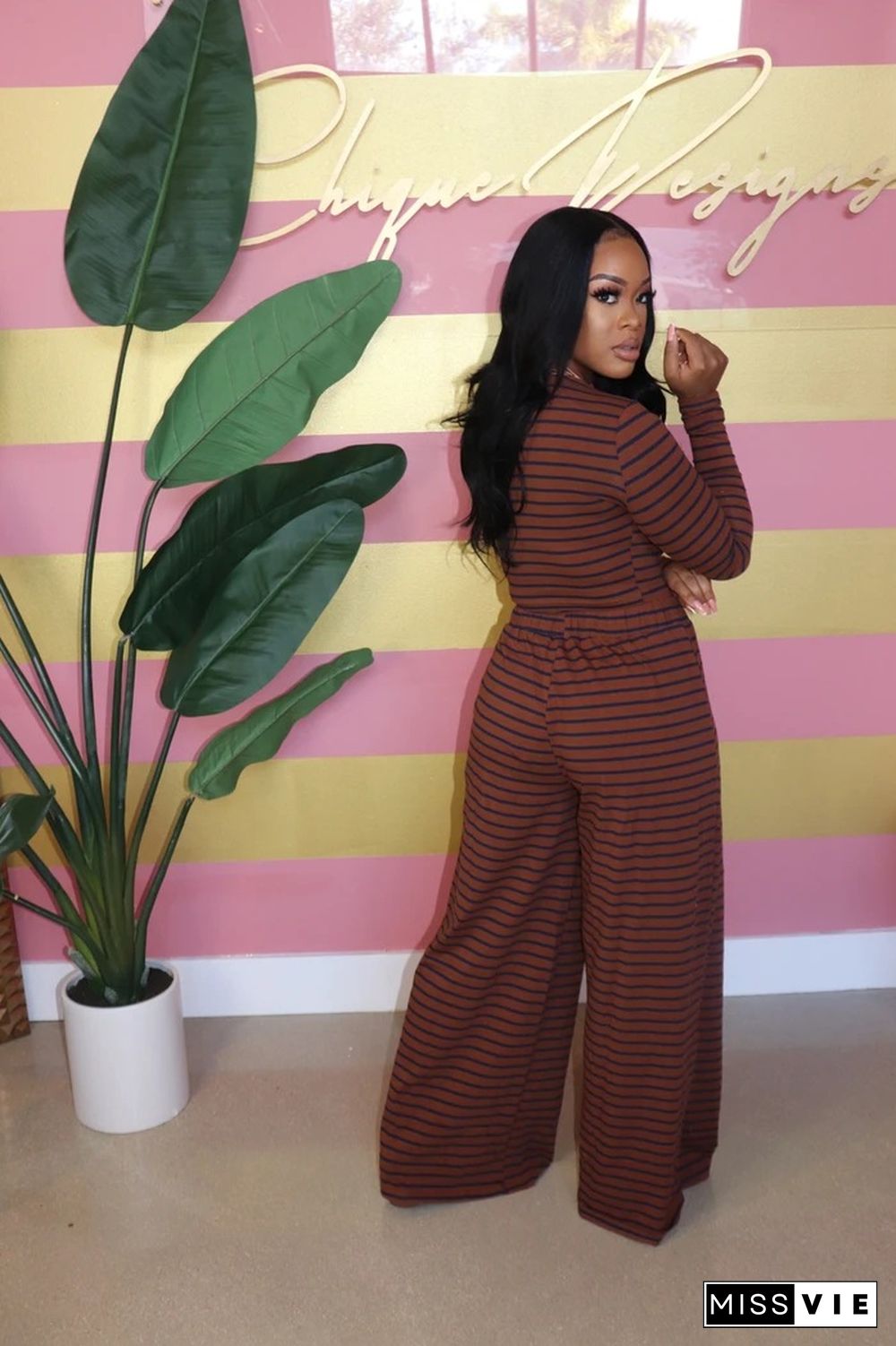 Striped Long Sleeve T Shirts Wide Leg Pants Outfits