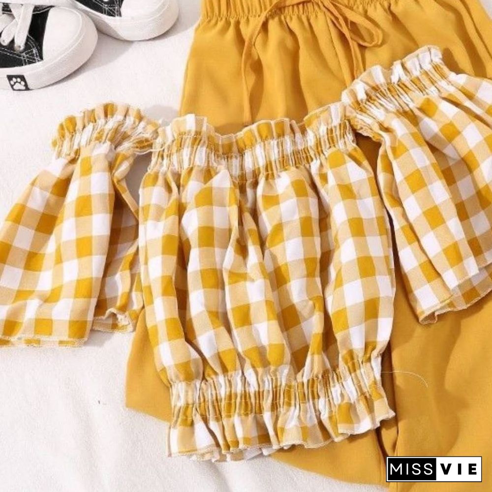 Women Sets Crop Tops Slash Plaid Off Shoulder Sexy Loose High Waist Wide Leg Pants Kawaii Two Piece Casual Summer Ulzzang New