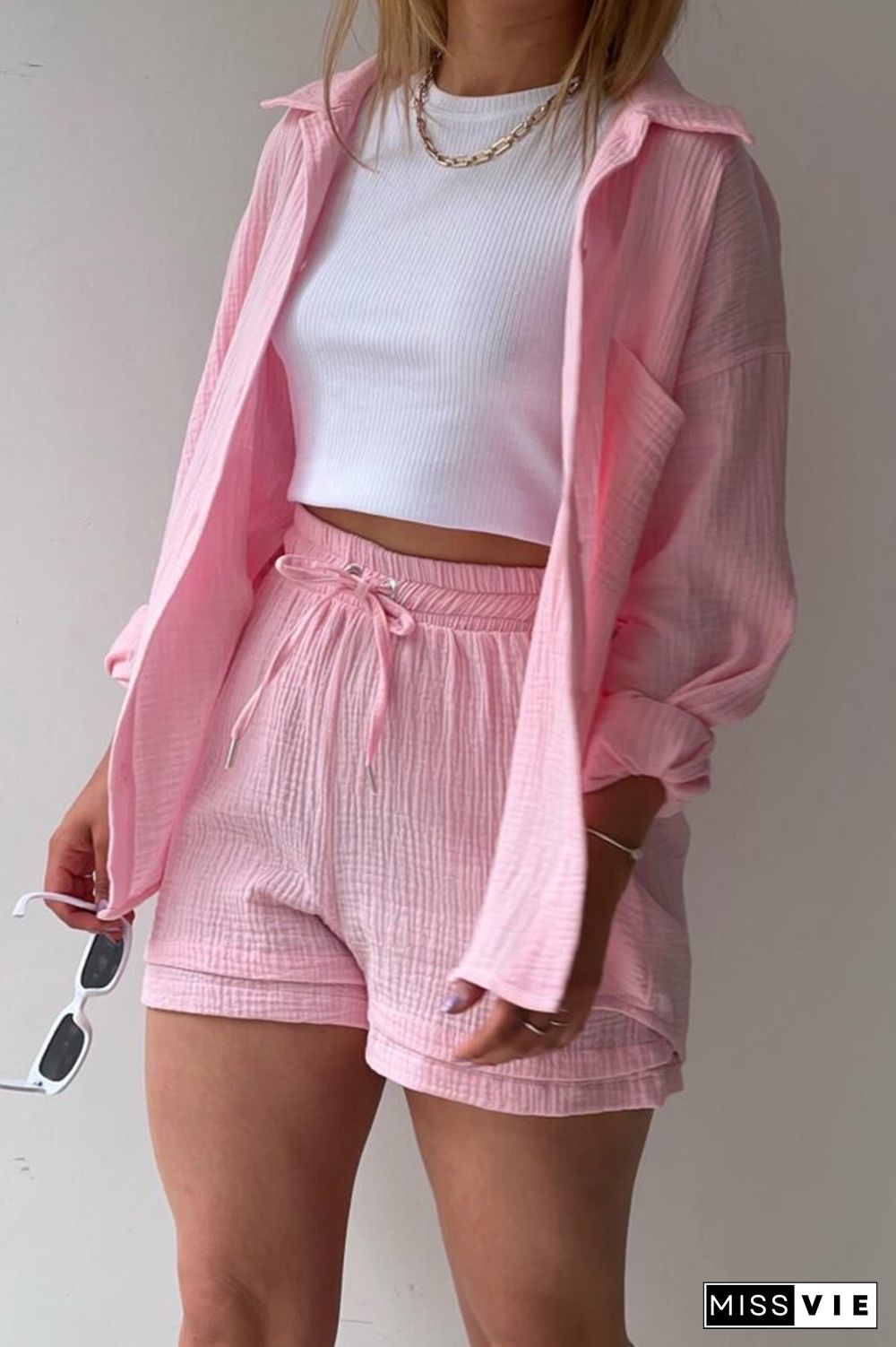 Plain Button Up Shirt and Drawstring Shorts 2PCS Set