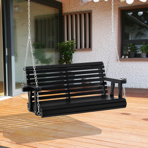 2 person Porch Swing Wooden Patio Swing Bench With Cup Holders Slatted Design amp Chains Included 440lb Weight Capacity