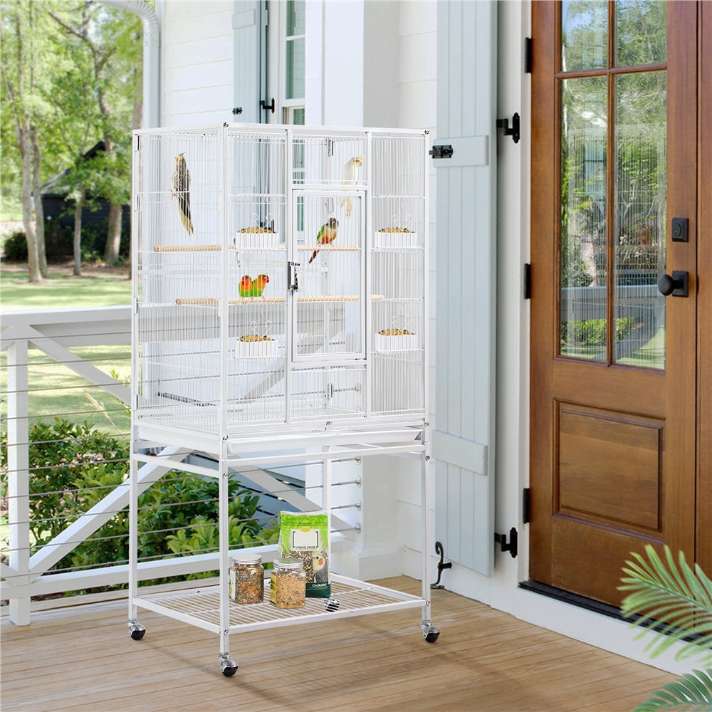 Yaheetech Rolling Parrot Cage Bird Cage for Conures Parakeets Cockatiels with Detachable Stand， White