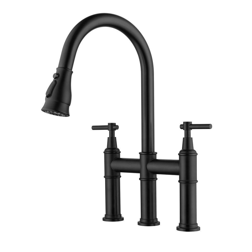 FLG Double Handle Bridge Kitchen Faucet with Pull Down Sprayer 3 Hole 304 Stainless Steel Kitchen Sink Faucet in Matte Black KK-0062-MB