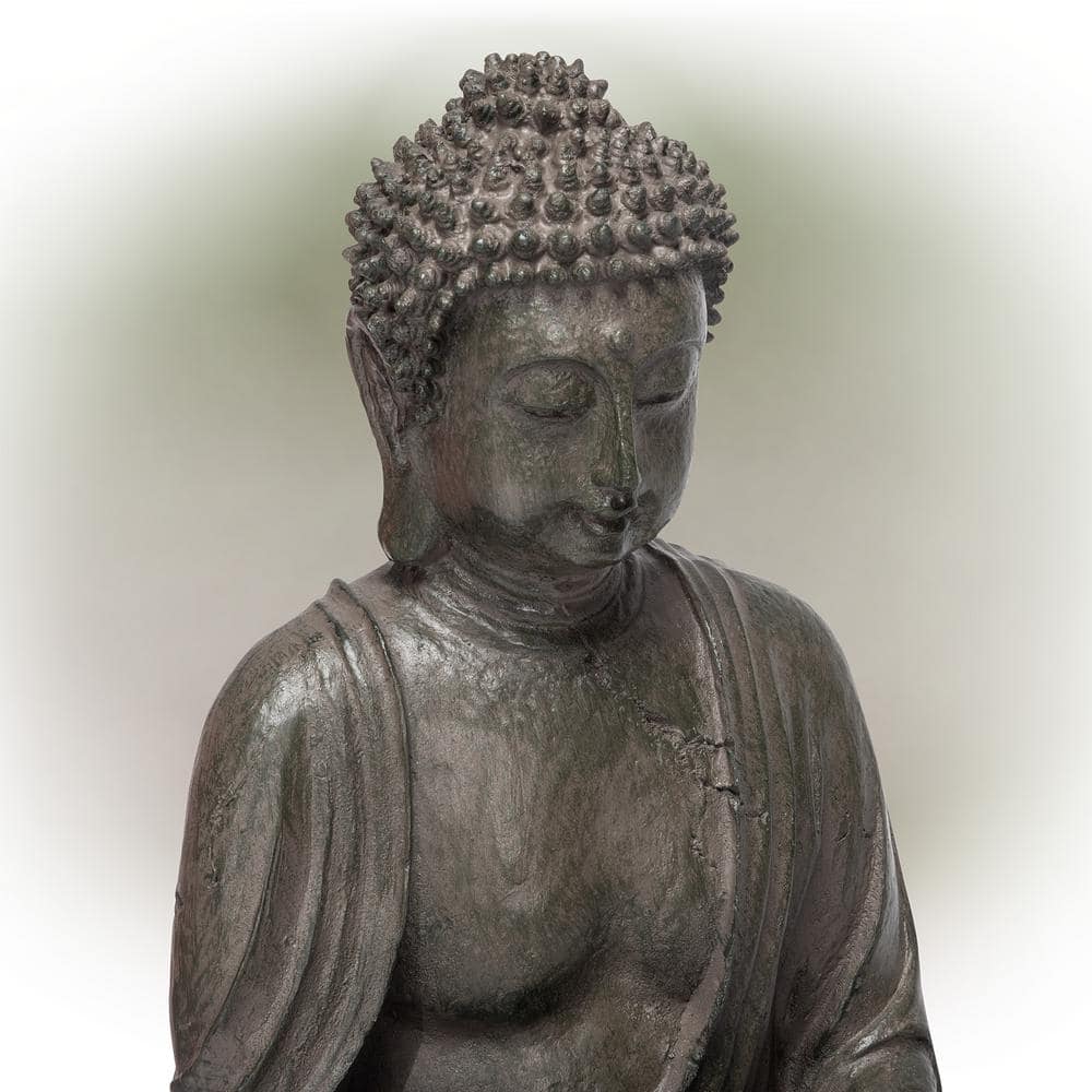 Alpine Corporation 19 in. Tall Indoor/Outdoor Tabletop Meditating Buddha with Lotus Flower Fountain with LED Light GEM178