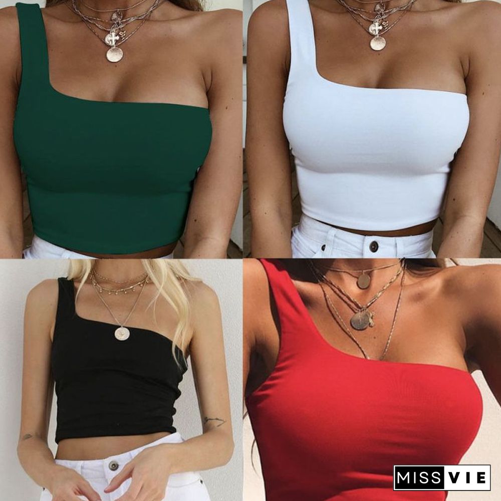 Women Lady Female One Shoulder Crop Tops Sleeveless T-Shirt Tank Tops Summer Beach Vest Bare Midriff Summer Fashion Clothes