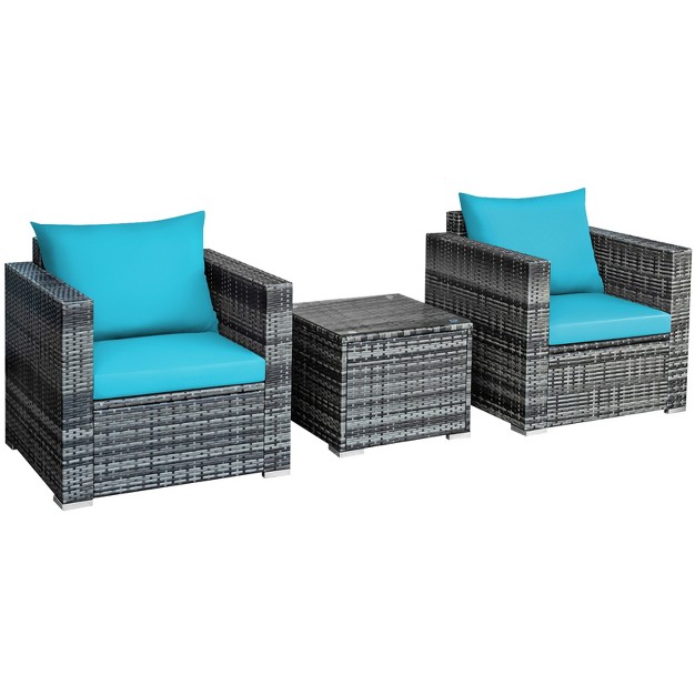 Tangkula 3pcs Patio Rattan Furniture Set Outdoor Bistro Set W washable Cushion For Garden Poolside Backyard Turquoise