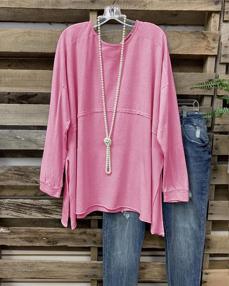 Women's Solid Color Long Sleeves Slit Side Casual Top